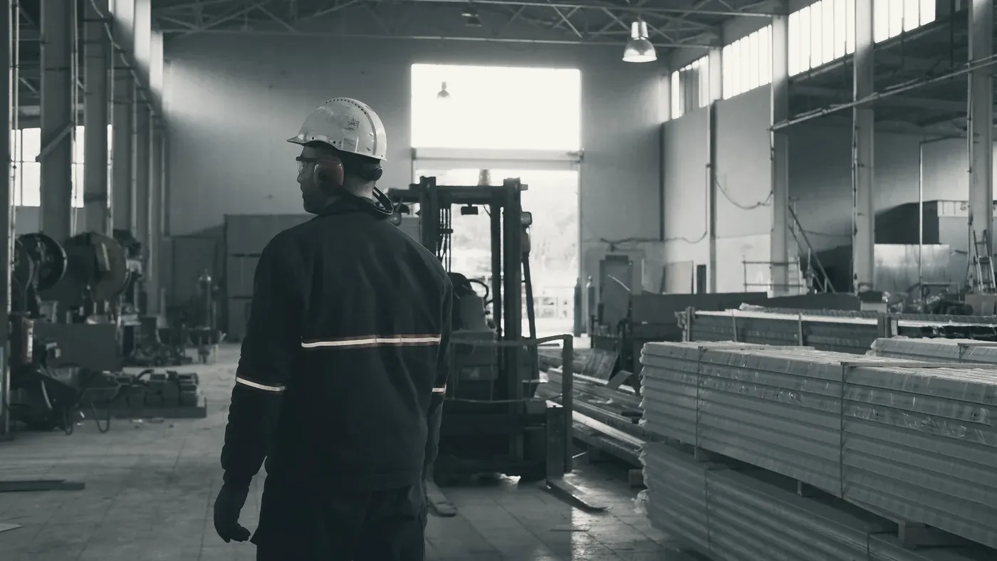 Trabajador de espaldas, con casco y ropa de seguridad, en una planta industrial